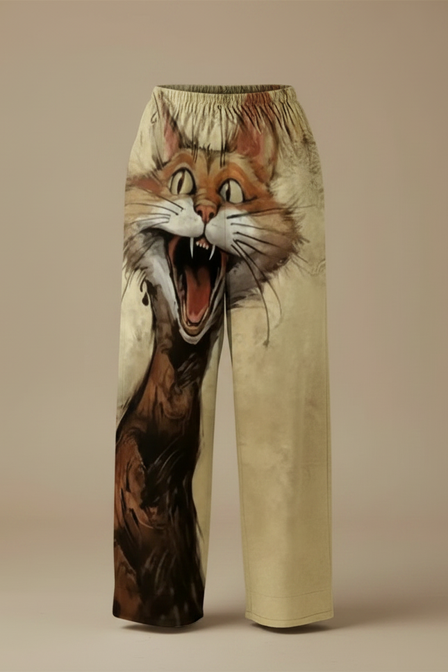 Pantalon Fluide Imprimé Chat Ample Décontracté Beige - Viscose - vue 3