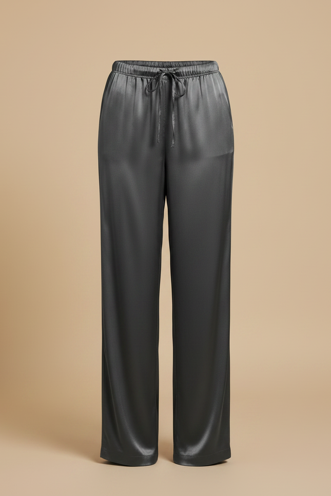 Pantalon Fluide Satiné Gris Ample Taille Haute - vue 3