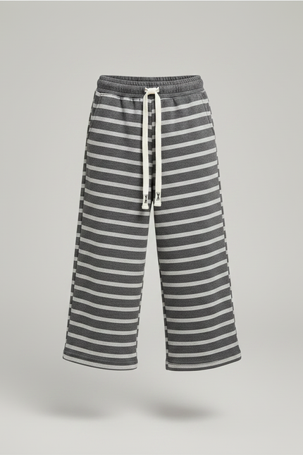 Pantalon Fluide Rayé Large Coton Décontracté Enfant - Gris Molleton - vue 3