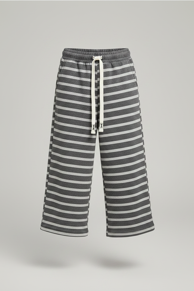 Pantalon Fluide Rayé Large Coton Décontracté Enfant - Gris Molleton - vue 3