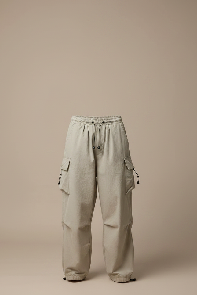 Pantalon Fluide Cargo Beige Ample Cordon Streetwear - Polyester - vue 3