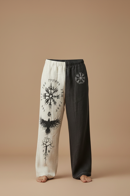 Pantalon Fluide Bicolore Lin Imprimé Viking Ethnique Homme - Multicolore - vue 3