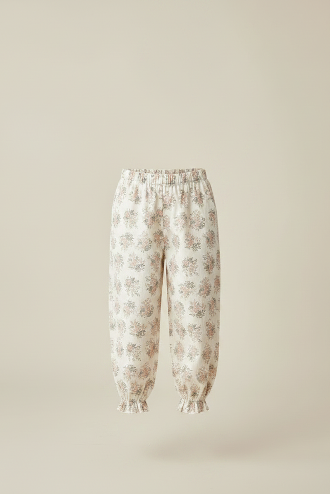 Pantalon Fluide Écru Imprimé Fleuri Ample Resserré - Beige Coton - vue 3