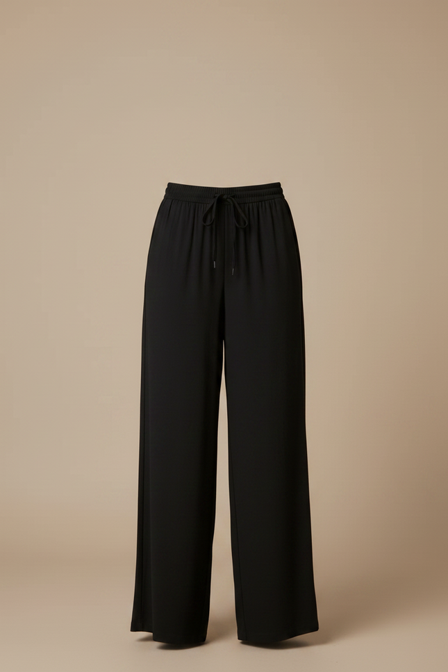 Pantalon Fluide Noir Ample Droit Taille Élastique Décontracté - Viscose - vue 3