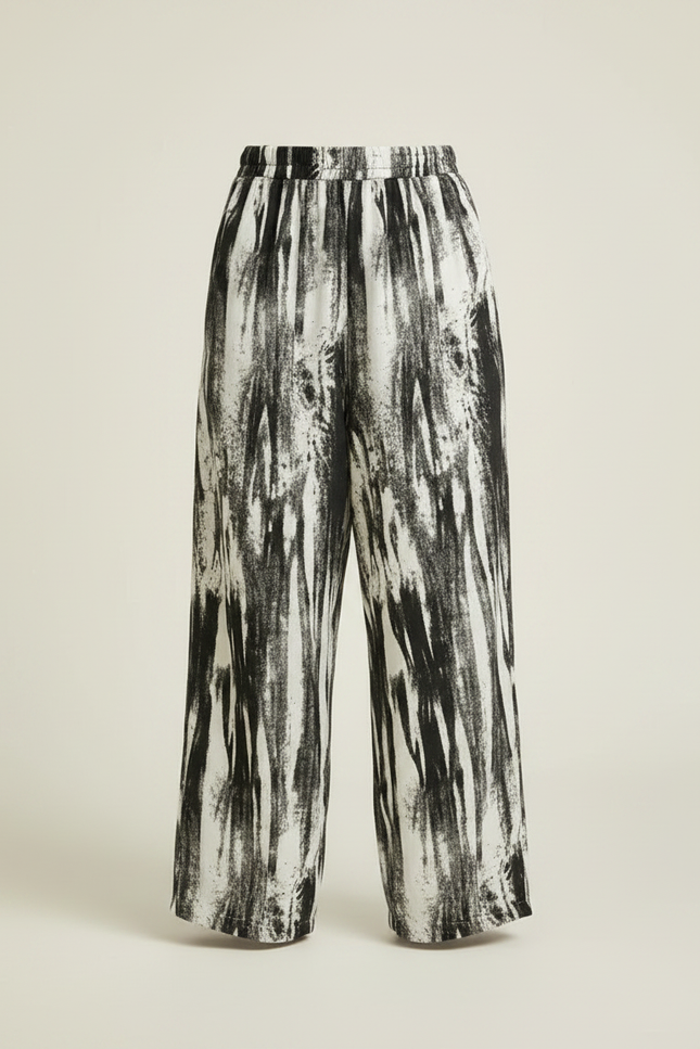 Pantalon Fluide Noir Blanc Ample Imprimé Peinture Décontracté - Viscose - vue 3