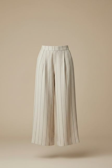 Pantalon Fluide Beige Rayé Ample Lin Décontracté Femme - vue 3