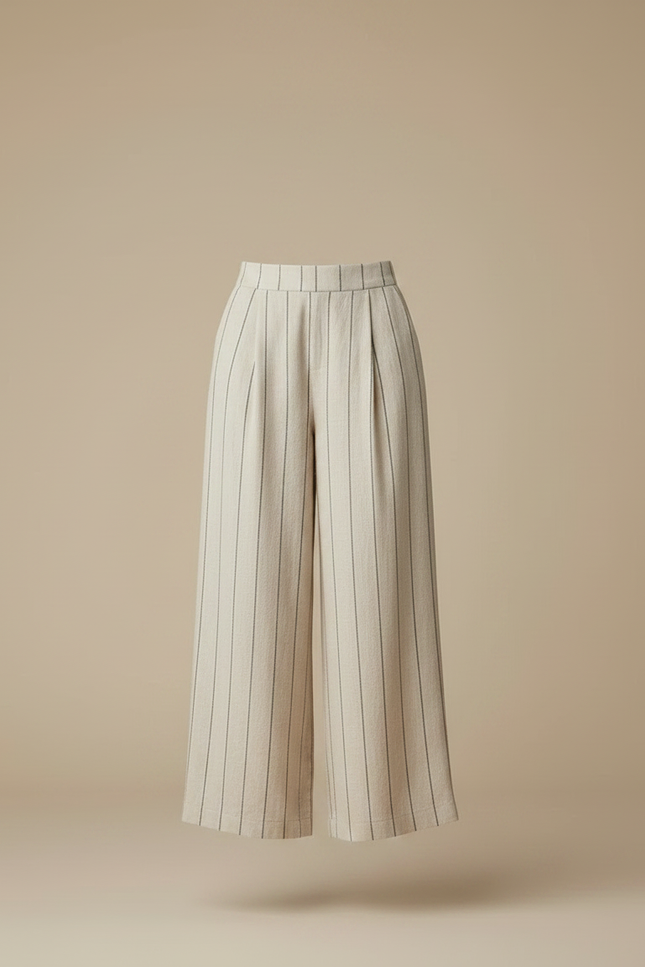 Pantalon Fluide Beige Rayé Ample Lin Décontracté Femme - vue 3