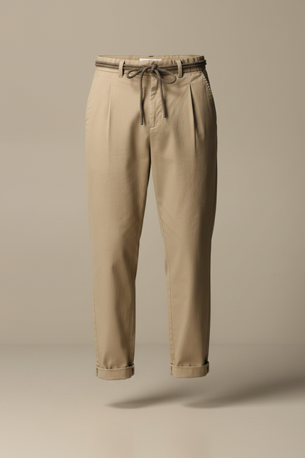 Pantalon Fluide Beige Coton Décontracté Ceinture Cordon - vue 3