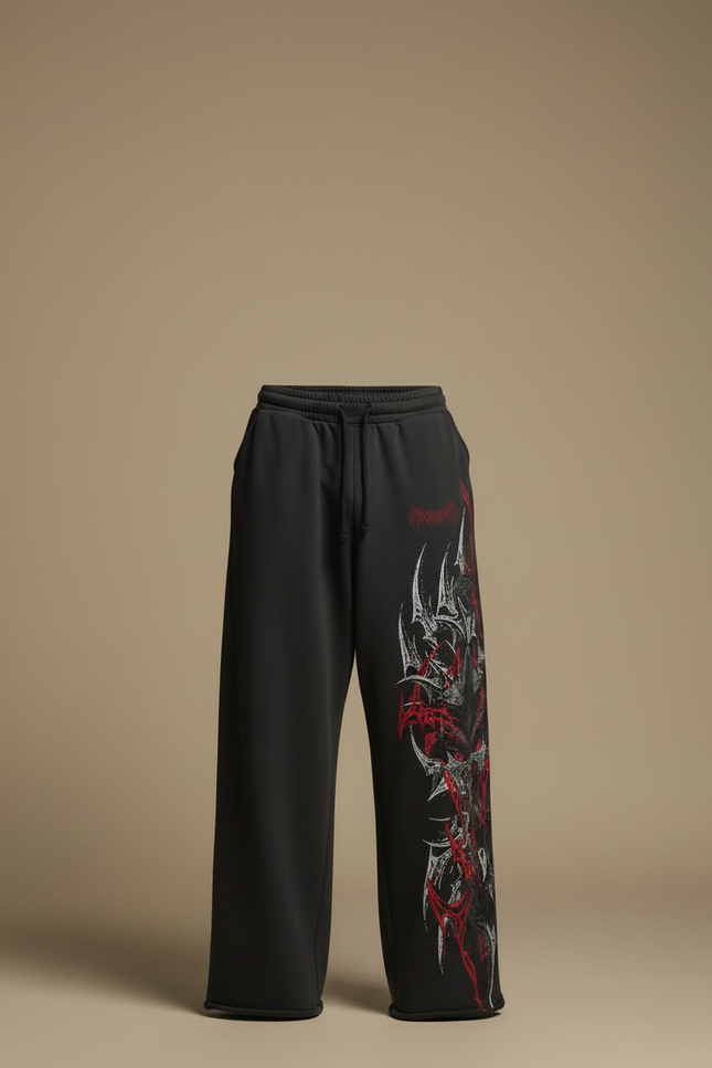 Pantalon Fluide Ample Imprimé Gothique Noir Rouge Homme - Molleton - vue 3