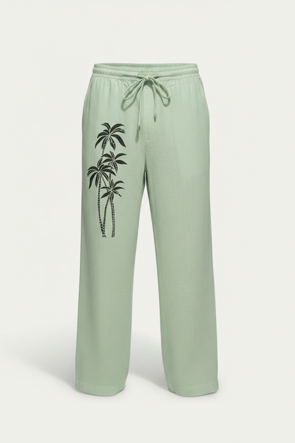 Pantalon Fluide Vert Menthe Ample Cordon Palmiers Homme - Lin - vue 3