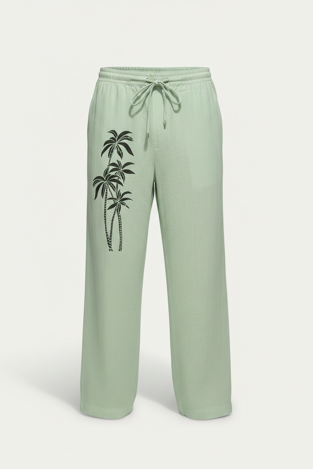 Pantalon Fluide Vert Menthe Ample Cordon Palmiers Homme - Lin - vue 3