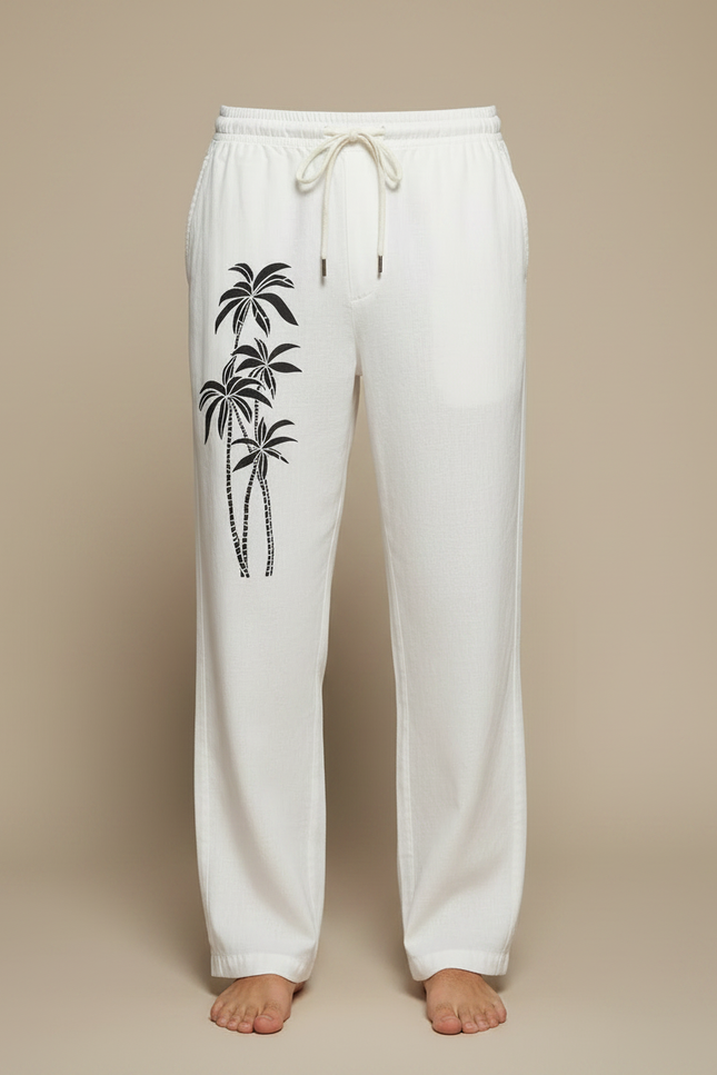 Pantalon Fluide Blanc Lin Palmiers Cordon Ample Homme - vue 3