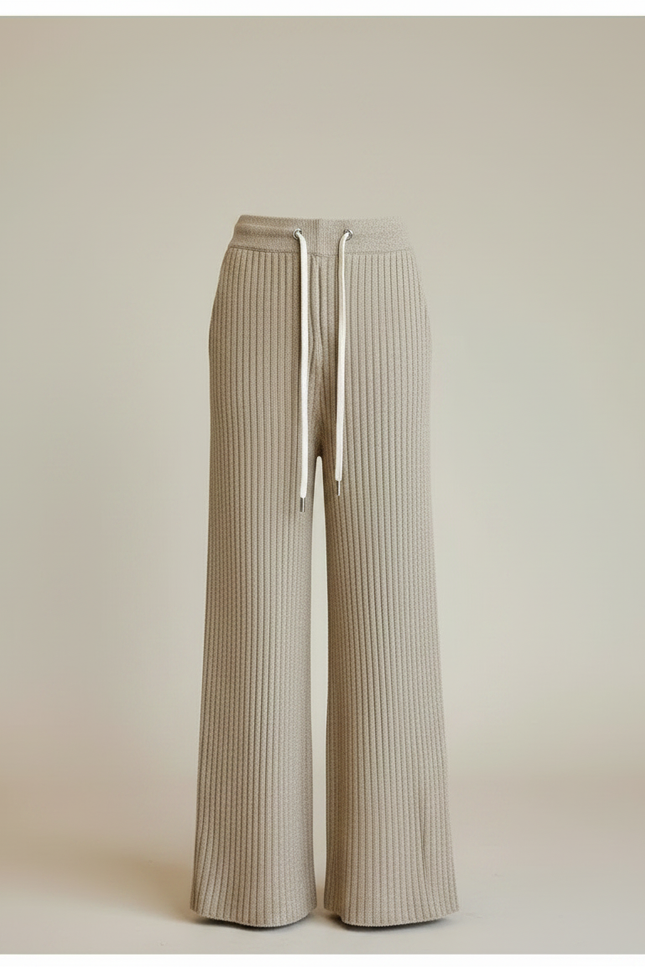 Pantalon Fluide Beige Côtelé Ample Élastique Confortable - Maille - vue 3