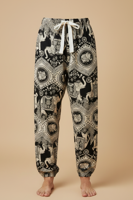 Pantalon Fluide Noir Imprimé Éléphants Ample Coton Homme - vue 3