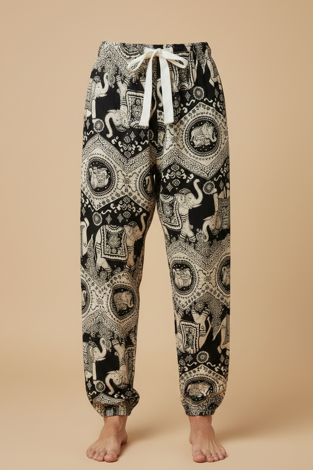 Pantalon Fluide Noir Imprimé Éléphants Ample Coton Homme - vue 3