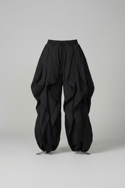 Pantalon Fluide Noir Ample Cargo Plissé Ajustable - Polyester - vue 3