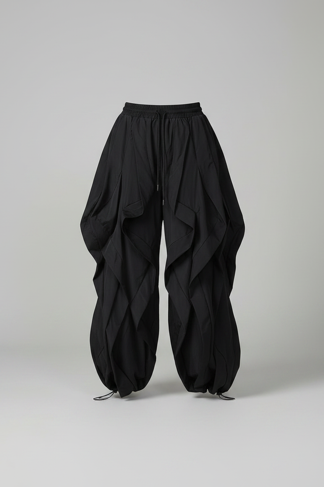 Pantalon Fluide Noir Ample Cargo Plissé Ajustable - Polyester - vue 3