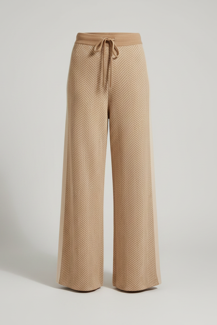 Pantalon Fluide Beige Maille Ample Cordon Chevron Femme - vue 3