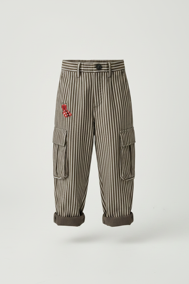 Pantalon Large Fluide En Popeline À Rayures - Kaki Coton - vue 3