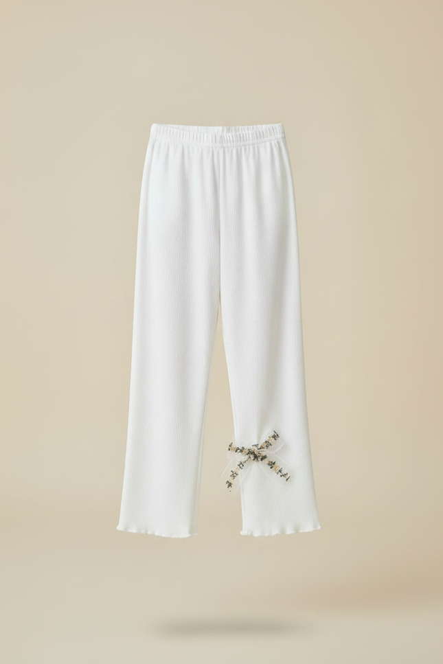 Pantalon Fluide Blanc Côtelé Ample Nœud Fille - Cordé - vue 3