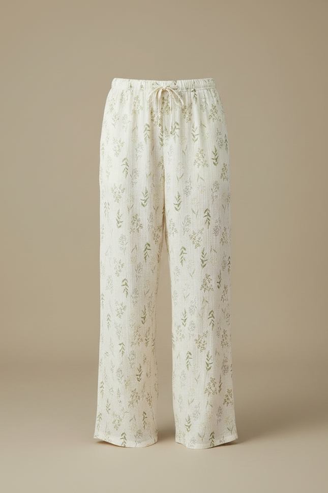 Pantalon Fluide Écru Coton Imprimé Floral Ample Décontracté - vue 3