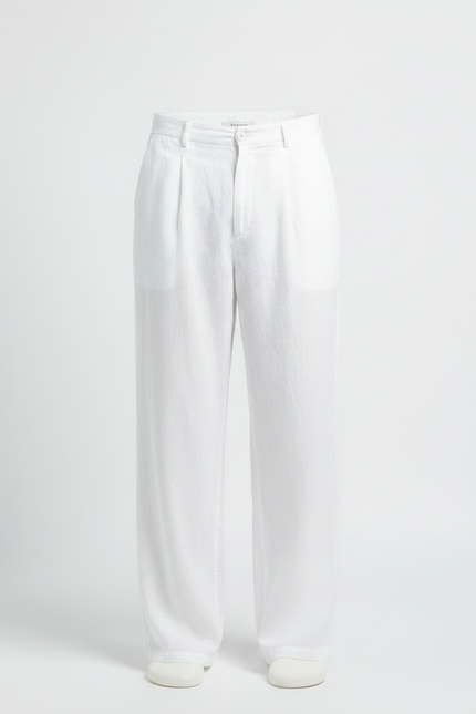 Pantalon Fluide Blanc Ample Plissé Lin Homme Décontracté - vue 3