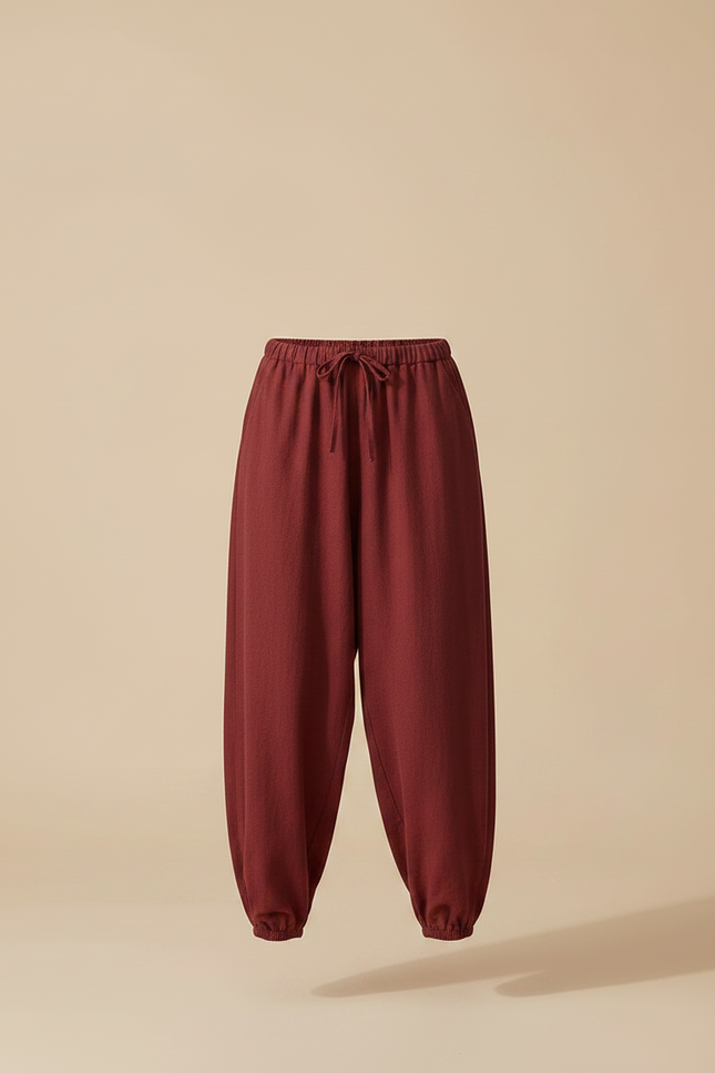 Pantalon Fluide Brique Ample Cordon Cheville Confortable - Bordeaux Coton - vue 3