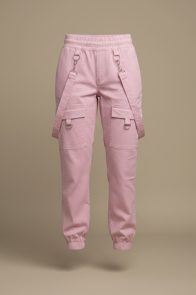 Pantalon Fluide Rose Cargo Bretelles Décontracté Streetwear - Toile - vue 3
