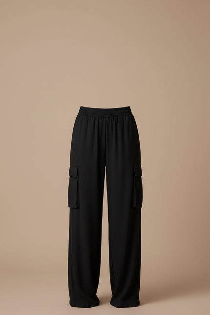 Pantalon Fluide Noir Ample Cargo Taille Élastique - Polyester - vue 3