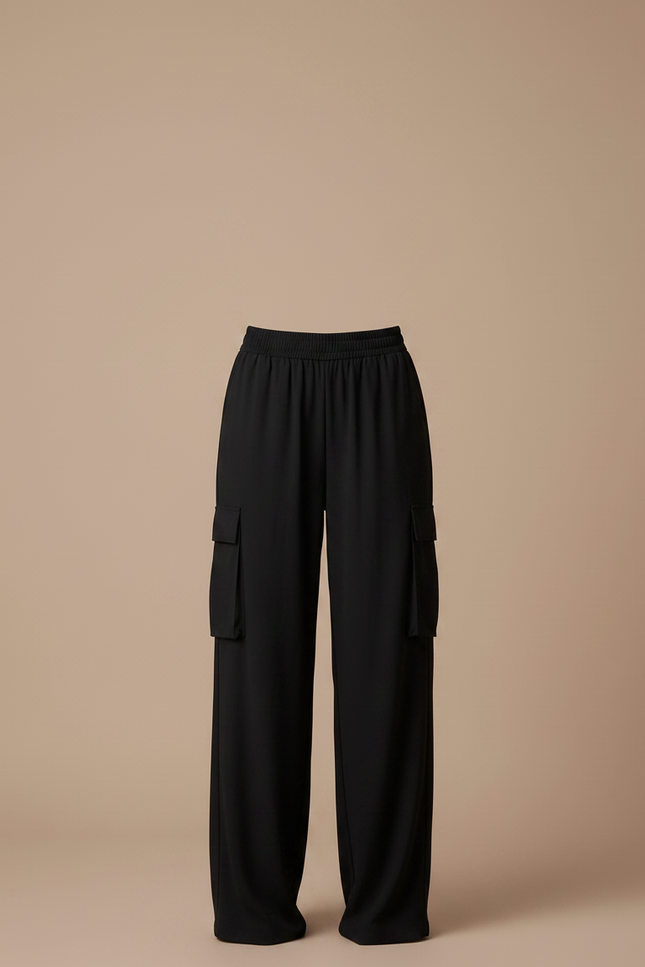Pantalon Fluide Noir Ample Cargo Taille Élastique - Polyester - vue 3
