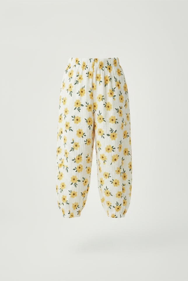 Pantalon Fluide Blanc Imprimé Tournesols Ample Muslin Enfant - Coton - vue 3
