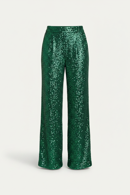 Pantalon Fluide Vert Paillettes Ample Taille Haute Élégant - Polyester - vue 3