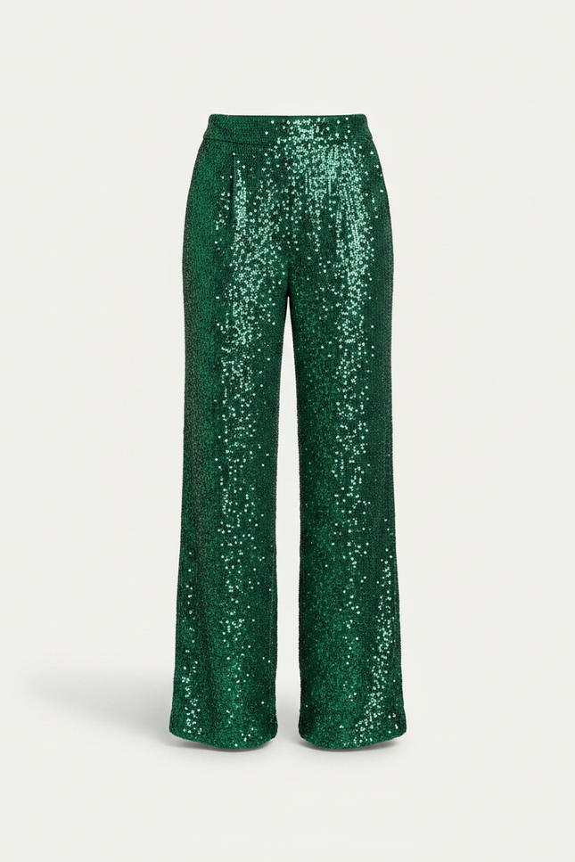Pantalon Fluide Vert Paillettes Ample Taille Haute Élégant - Polyester - vue 3