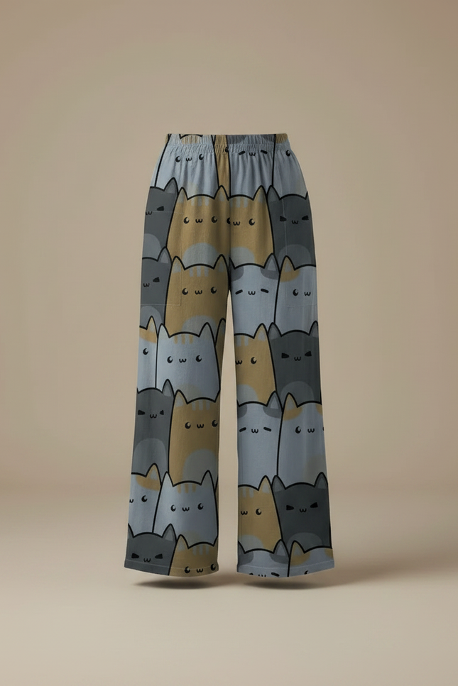 Pantalon Fluide Imprimé Chats Ample Décontracté Gris Marron - Multicolore Viscose - vue 3