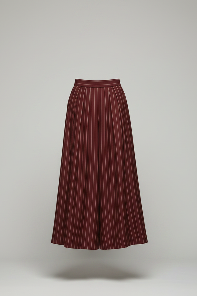 Pantalon Fluide Rayé Taille Haute Ample Élégant Femme - Bordeaux Viscose - vue 3