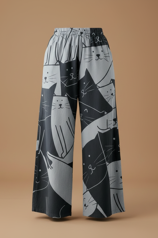 Pantalon Fluide Imprimé Chats Ample Décontracté Noir Gris - Viscose - vue 3