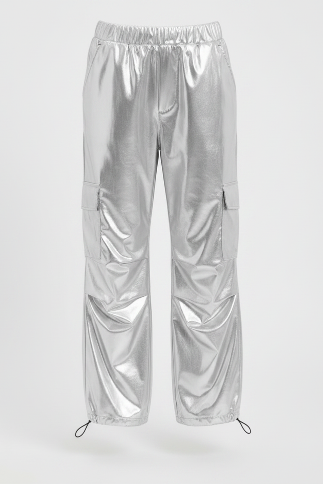 Pantalon Fluide Argenté Métallisé Cargo Brillant Fille - Polyester - vue 3