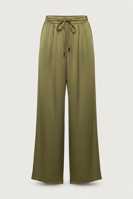 Pantalon Fluide Vert Ample Satiné Taille Élastique - vue 3