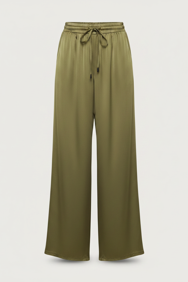 Pantalon Fluide Vert Ample Satiné Taille Élastique - vue 3