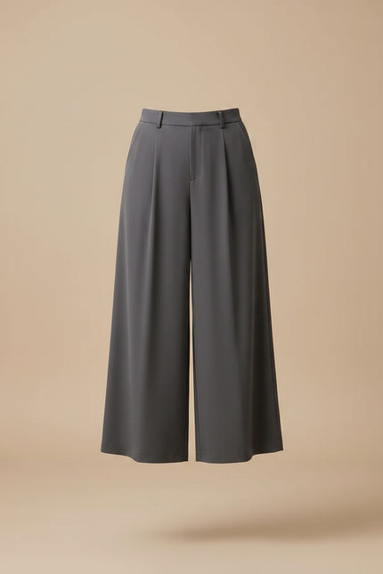 Pantalon Fluide Gris Ample Élégant Taille Haute Femme - Polyester - vue 3