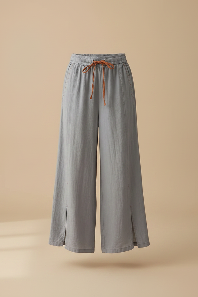 Pantalon Fluide Gris Lin Ample Fendu Décontracté - vue 3