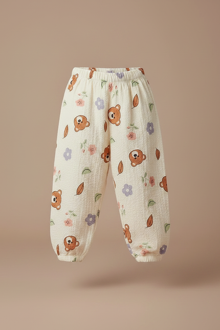 Pantalon Fluide Écru Ample Coton Imprimé Ours Fleuri - Beige - vue 3