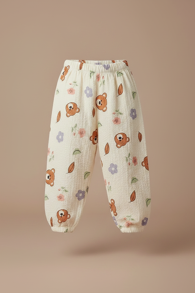 Pantalon Fluide Écru Ample Coton Imprimé Ours Fleuri - Beige - vue 3
