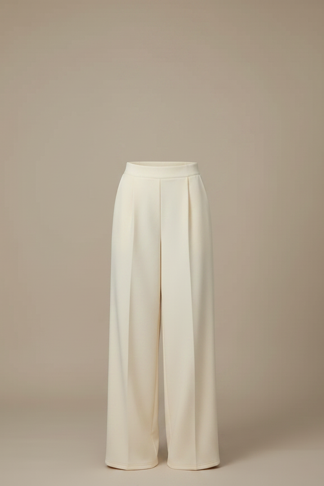 Pantalon Fluide Crème Ample Taille Haute Élégant Femme - Beige Polyester - vue 3