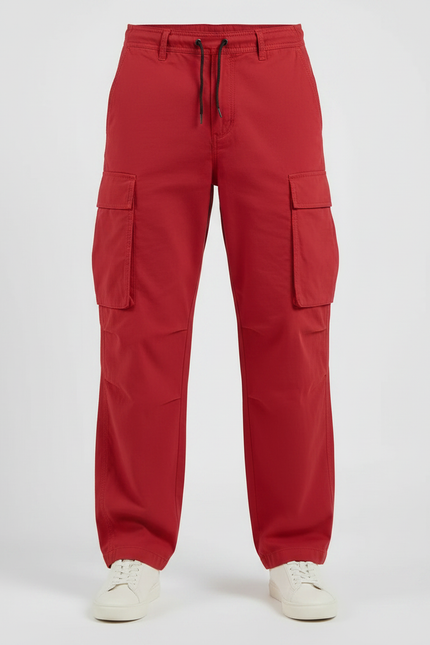Pantalon Fluide Rouge Cargo Cordon Décontracté Homme - Toile - vue 3