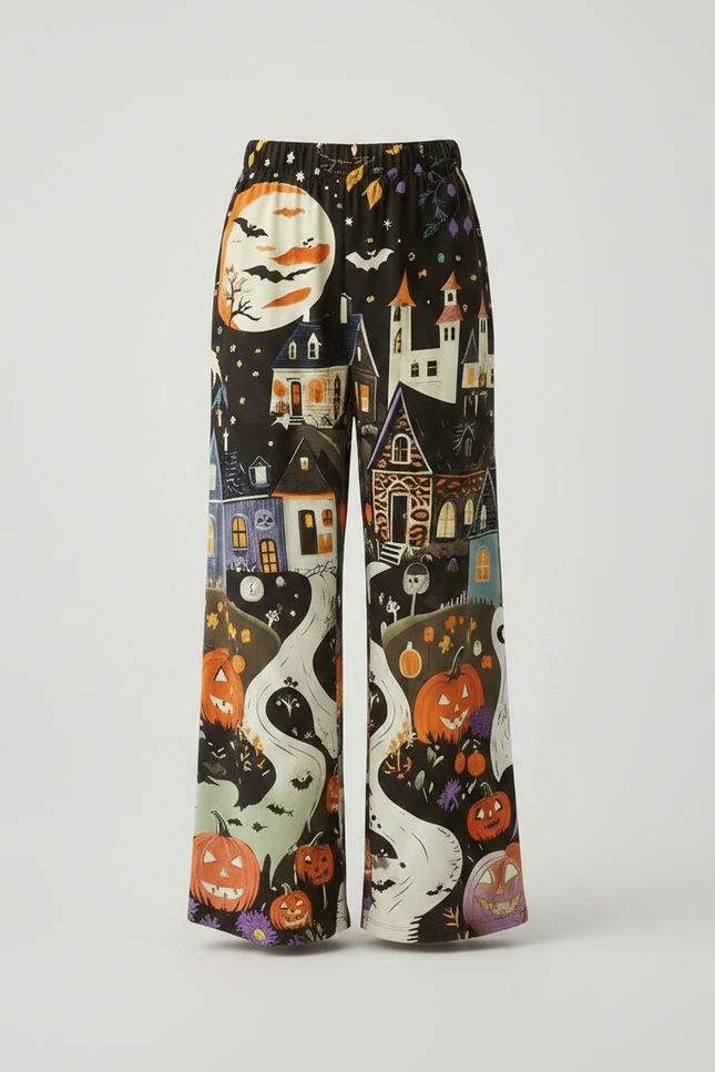 Pantalon Fluide Halloween Ample Motif Fantôme Citrouille Enfant - Multicolore Satin - vue 3