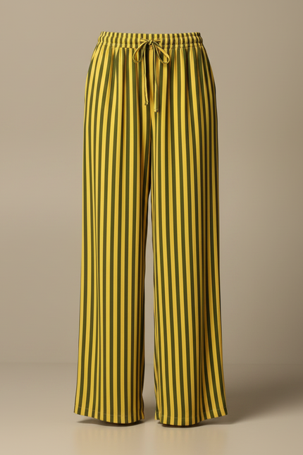 Pantalon Fluide Rayé Vert Jaune Ample Cordon Décontracté - Multicolore Viscose - vue 3