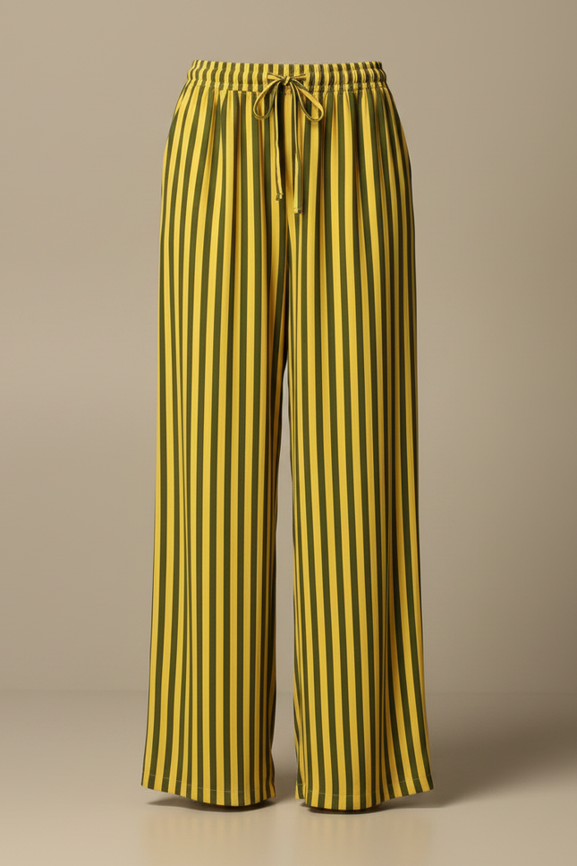 Pantalon Fluide Rayé Vert Jaune Ample Cordon Décontracté - Multicolore Viscose - vue 3
