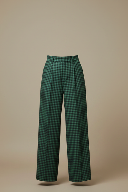 Pantalon Fluide Carreaux Vert Ample Taille Haute - Laine - vue 3