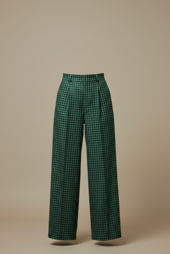 Pantalon Fluide Carreaux Vert Ample Taille Haute - Laine - vue 3